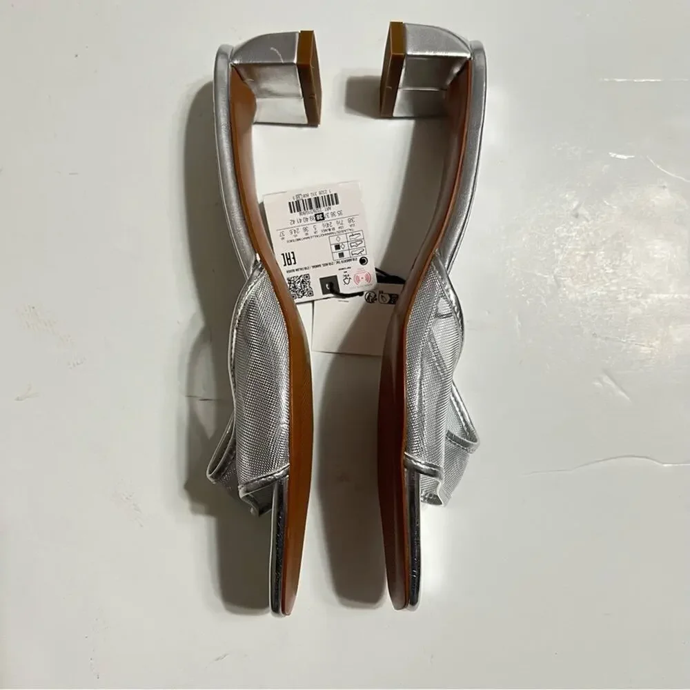 Zara Silver METALLIC MESH HEELED SLIDES Size 7.5 - Picture 11 of 13
